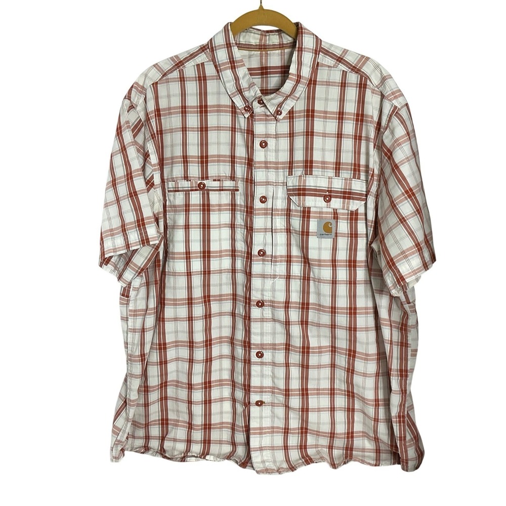Carhartt Men's 2XL Plaid Short Sleeve Button Down Shirt Red White‎ Vented